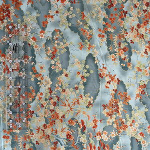 Teal Japanese Fabric with Orange Florals