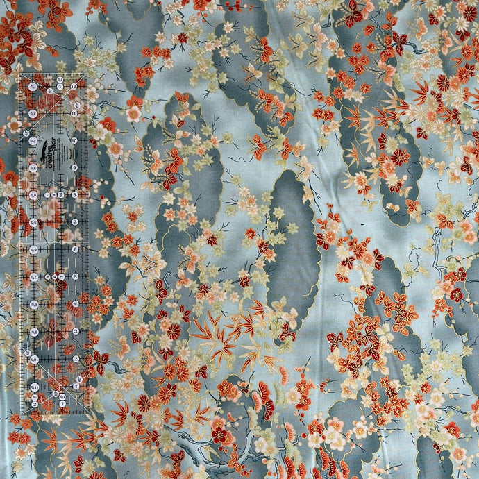 Teal Japanese Fabric with Orange Florals